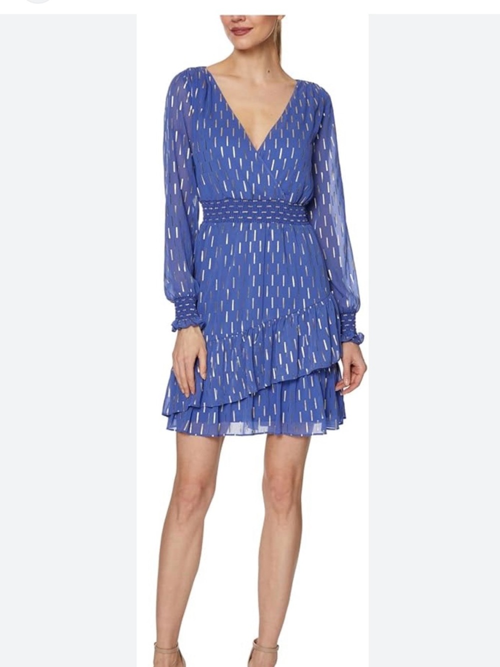 Laundry By Shelli Segal Blue Long-Sleeve Metallic-Accent Wrap Dress